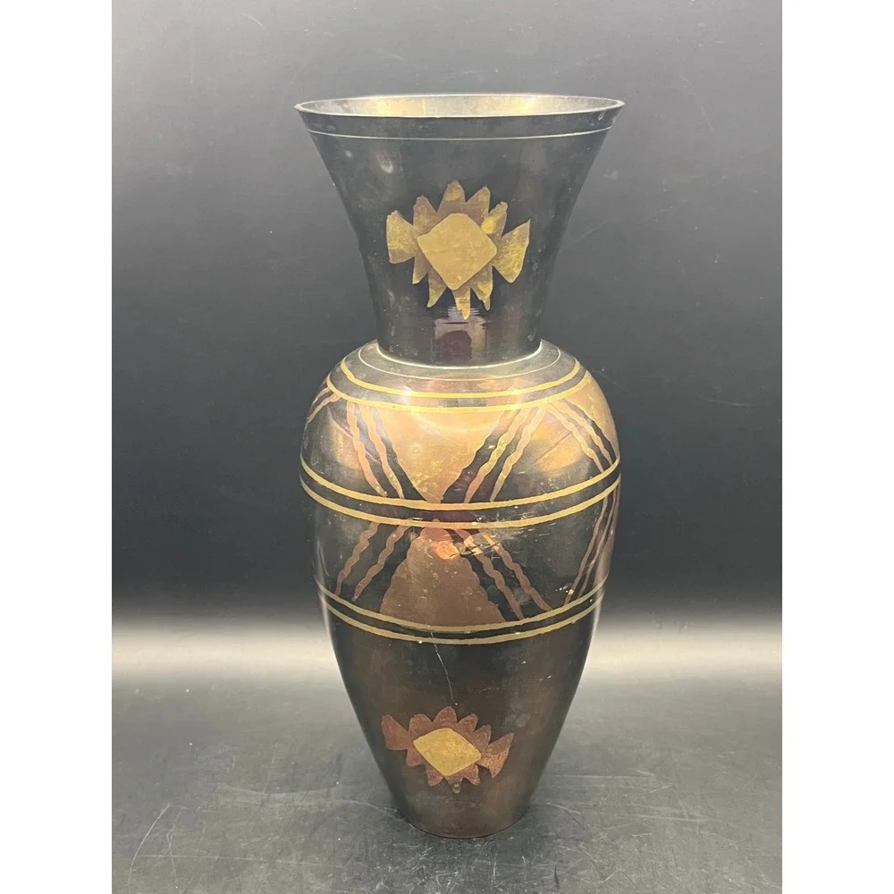 Vtg Solid Brass Black Etched Floral Geometric Vase Art Deco Style Decorative 10